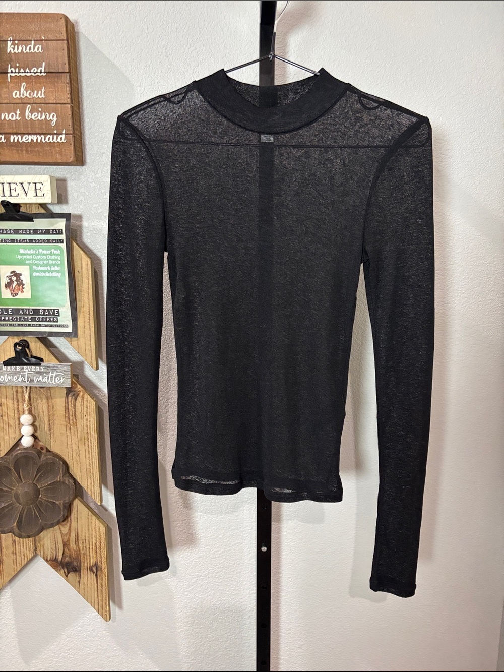 Topshop Black Sheer Long-Sleeve Mock Neck Tee perfect condition pp14-20 L21